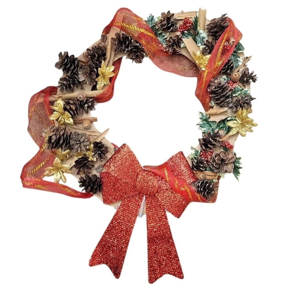 Christmas Cinnamon Acorn Pincone Red Glitter Berry Gold Flower Birch Wreath